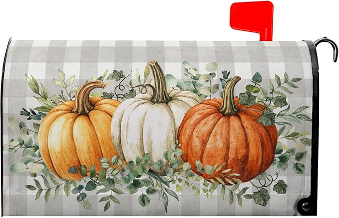 Pumpkin Mailbox Cover Harvest Fall Mailbox Covers Magnetic Standard Size 21x18 inch Green Eucalyptus Leaf Mail Box Covers Pumpkins Decorative Mailboxes for Outside Garden Buffalo Plaid
