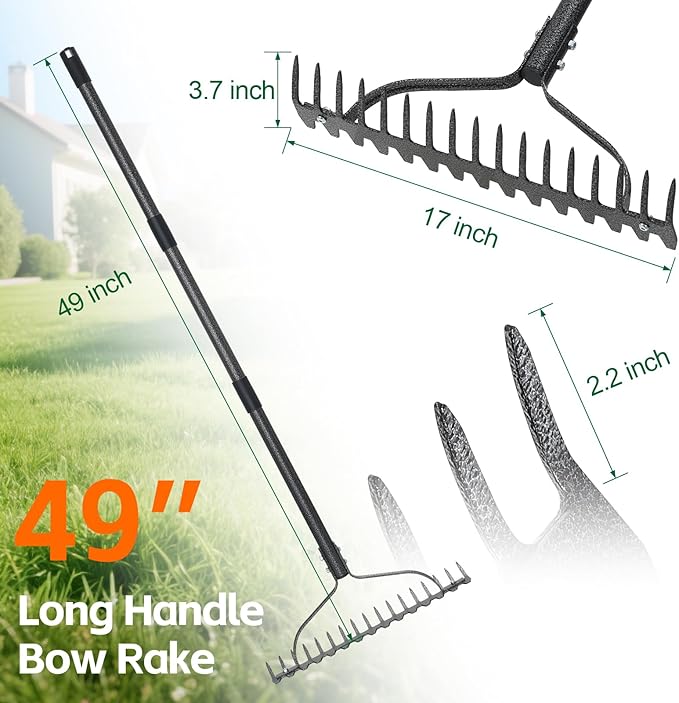 Thatch Rake, 63" Heavy Duty Metal Lawn Leveling Rake with 17 Tines, Garden Tool with Adjustable Long Handle for Looseing Soil, Weede Control