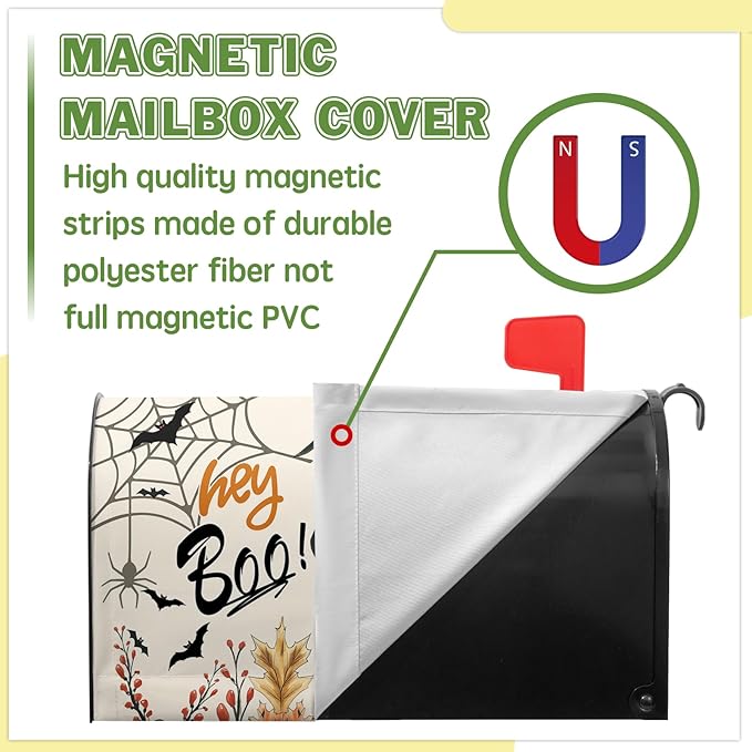 Hey Boo Cat Mail Box Covers Halloween Mailbox Cover Spider Web Pumpkin Mailbox Wraps Magnetic Standard Size 21x18 inch Decorative Mailboxes for Outside Farmhouse Garden Decor