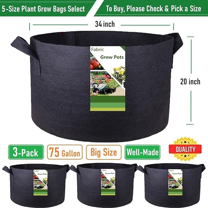 3-Pack 75 Gallon Thickened Plant Grow Bags Large (34x20 in) Heavy Duty Garden Bag Fabric Plant Pots for Tomato,Potato Planter,Herbs Veggies Planting,Flower Pots,Barrel Planter,Yard Waste Bag,Leaf Bags
