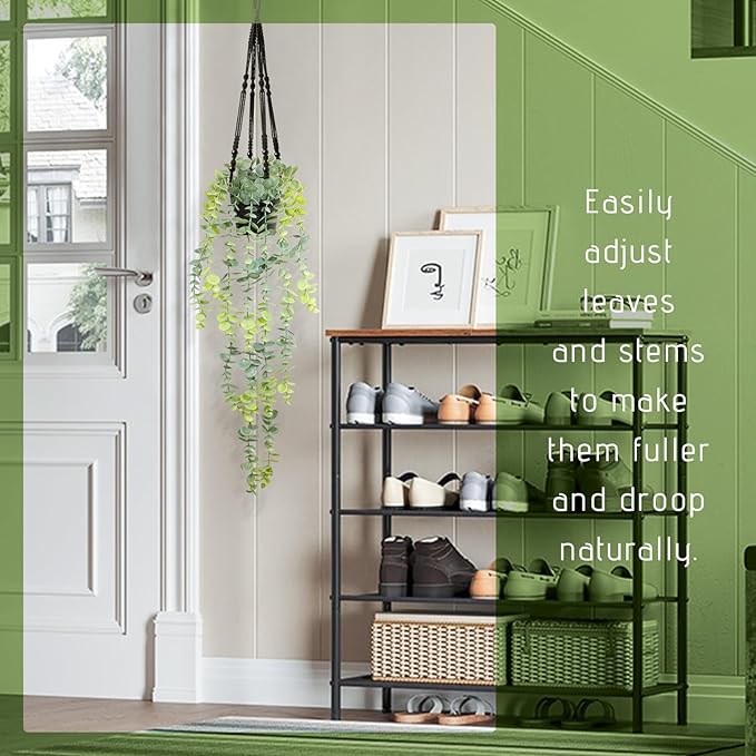 Fake Hanging Eucalyptus Plants Artificial Faux Plants Indoor Small Hanging Greenery Decor for Shelf with Black Pot Soft Green for Living Room, Kitchen, Balcony, Garden, Bedroom