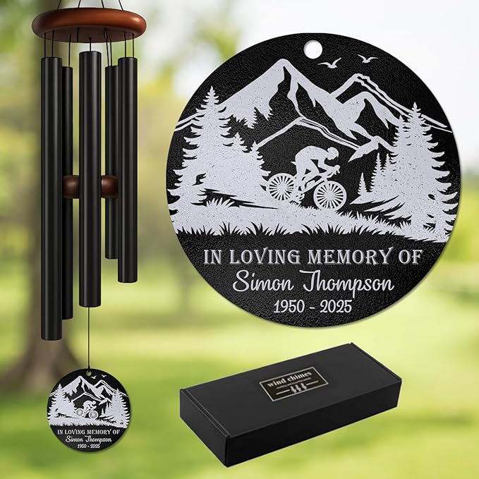 Personalized Mountain Biker Memorial Wind Chime – Custom “in Loving Memory” Cycling Design – White Engraved Outdoor Sympathy Gift for Loss of Loved One – Inspired Adventure Tribute Windchime