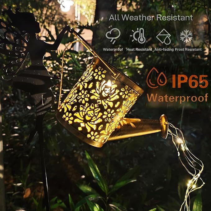 Fairy Garden Decor with Solar Watering Can, Solar Garden Lights Waterproof Hanging Lantern,LED Light String Retro Metal Water Pot Light, for Garden Patio Yard Pathway Lantern Plant Decoration