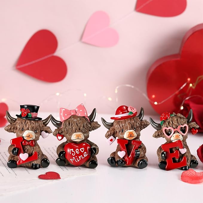 Sosation 4 Pcs Love Highland Cow Figurines Valentines Day Highland Cow Gnomes Heart Scottish Resin Statue Calf Lovers Gifts for Home Garden Kitchen Office Tiered Tray Table Decor
