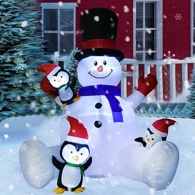 7Ft Lighted Christmas Inflatable Snowman with Three Cute Penguins Build-in LED Lights, Holiday Blow up Outdoor Yard Decoration