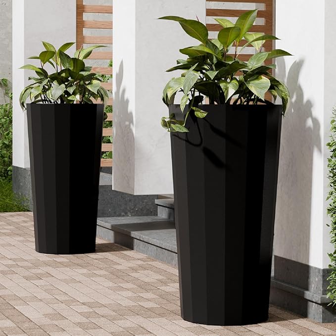 23.6" Tall Planters for Outdoor Plants, Large Outdoor Planters for Porch Decor with Drainage Hole, Wide Stripe Design Flower Pots Fits Indoor Plants Patio/Garden, Plastic Black (2 Pack)