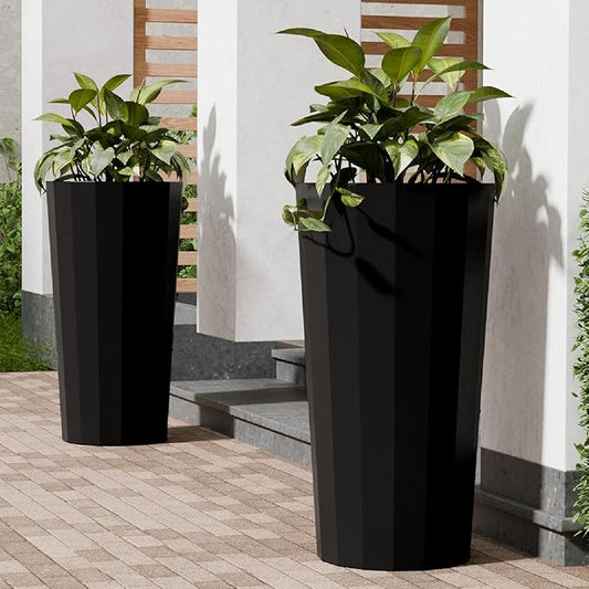 23.6" Tall Planters for Outdoor Plants, Large Outdoor Planters for Porch Decor with Drainage Hole, Wide Stripe Design Flower Pots Fits Indoor Plants Patio/Garden, Plastic Black (2 Pack)
