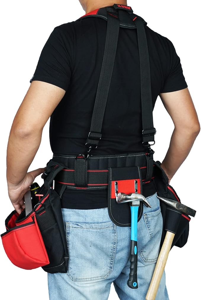 KUNN Tool Belt with Suspenders - Pro Framer Belt/Suspenders Combo Apron(Removable Pouch and Waist Belt) with Multiple Pockets & Hammer Holder for Carpenter,Construction and Electrician,Red