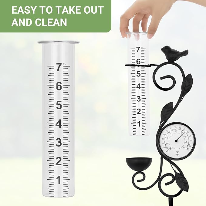 32" Garden Rain Gauge with Thermometer - 7" Glass Tube for Outdoor Indoor Use, Patio Yard Decor Statue