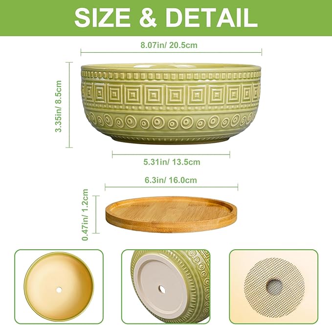 G EPGardening Bonsai Tree Pot - 8 Inch Ceramic Planter for Indoor Plants Flower, Shallow Round Succulent Bowl with Drainage and Saucer, Boho Office Decor, Gifts for Plant Lovers, Green