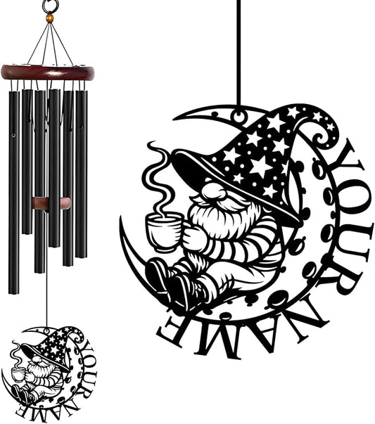 Personalized Customize Name Gnome Wind Chime, Metal Iron 37 Inch Outdoor Memorial Gift for Garden Yard Patio Home Decor, Black，Christmas (Style H)