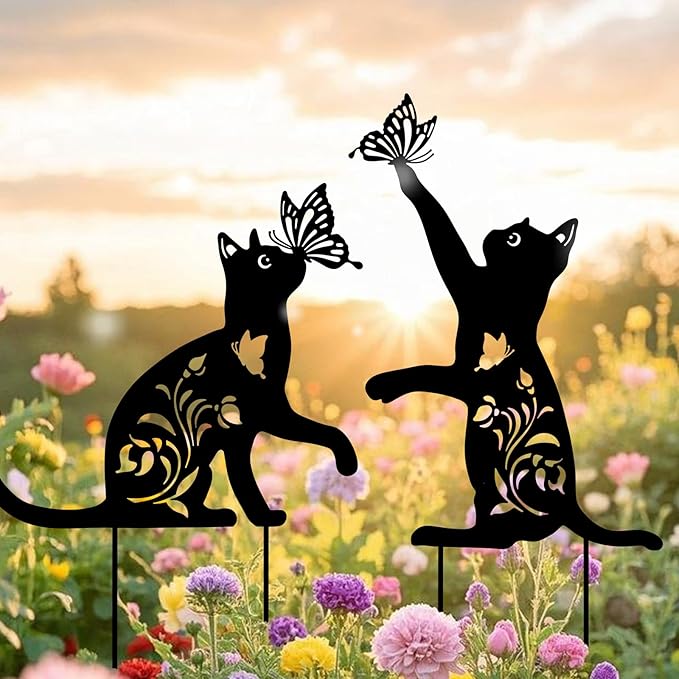 WONDER GARDEN Metal Cat Decor for Outside - 2 Pack Garden Stakes Decorative, Black Cat Silhouette Statues Lawn Ornaments Yard Art Patio Decor Women Men Mom Gifts
