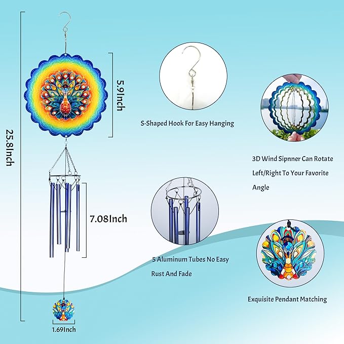 Peacock Wind Chimes for Outside,Birthday Gifts for Mom Grandma Wife,Peacock Wind Chimes with 3D Wind Spinners,Outdoor Decor for Garden Yard Porch