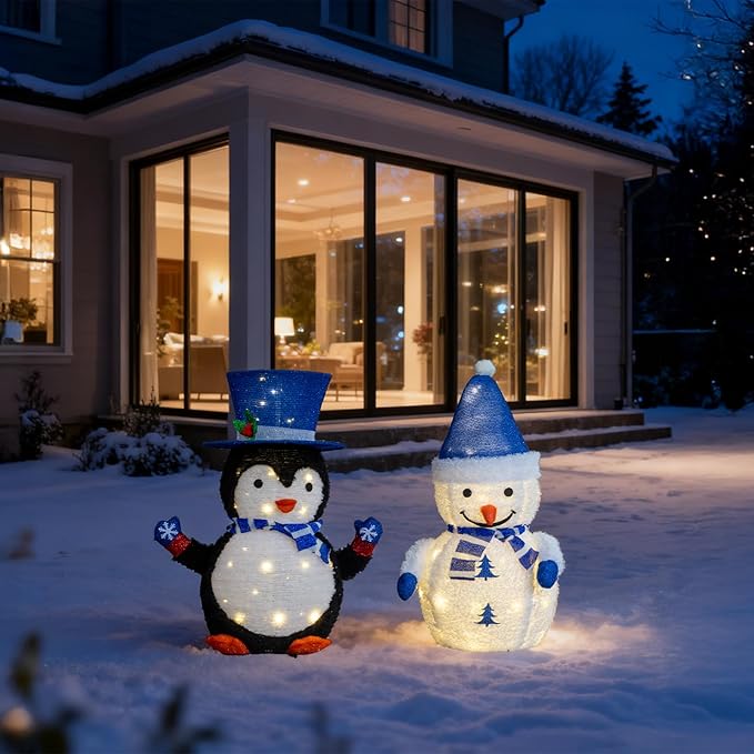 VINGLI 2 Pack 28 Inch Lighted Snowman Penguin Christmas Decorations, Prelit LED Outdoor Indoor Yard Lawn Garden Pathway Front Porch Home Holiday Winter Xmas Christmas Party Decor Display Set