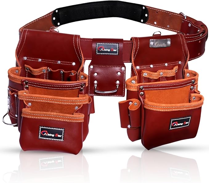 RISING STAR WEARS18 POCKETS MAROON CRAFTSMAN’S COMPANION: LEATHER TOOL BELT/BAGS/POUCHES WITH BACK SUPPORT FIELD WORKER