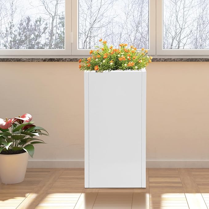 Metallic Heavy Outdoor/Indoor Planter Box, Seamless Large Metal Planter for Tall Trees, Plants, Flowers, No Assembly Required (White, 14 * 14 * 30 inch)