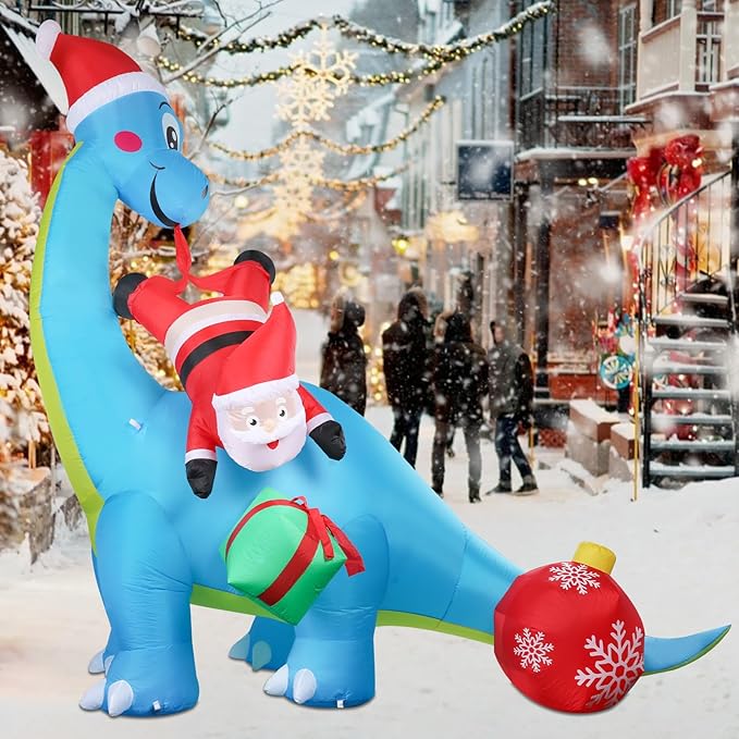 Christmas Inflatables Christmas Blow Up Yard Decorations Christmas Inflatable Dinosaur Play with Santa Clause Gift Boxes LED Lighted Up Yard Lawn Garden Home Party Decor