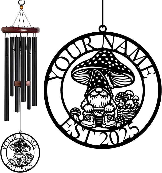 Personalized Customize Name Gnome Wind Chime, Metal Iron 37 Inch Outdoor Memorial Gift for Garden Yard Patio Home Decor, Black，Christmas (Style E)