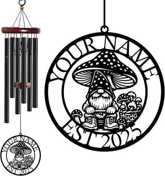 Personalized Customize Name Gnome Wind Chime, Metal Iron 37 Inch Outdoor Memorial Gift for Garden Yard Patio Home Decor, Black，Christmas (Style E)