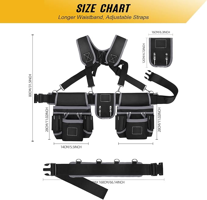 Tool Belts for Men with Suspenders - Magnetic Tool Pouch 26 Pockets Heavy Duty Work Belts - Detachable Adjustable Tool belt Pouch Bag for Electrician, Carpenter, Construction
