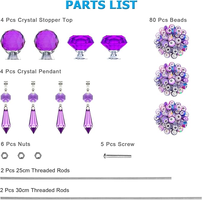 Exway 100 PCS DIY Fairy Wand Beaded Garden Stake Beads Kits with Purple Large Hole Beads 4 Crystal Stopper Top Threaded Rods and 4 Purple Sparkling Crystal Pendants for Outdoor Indoor Decor