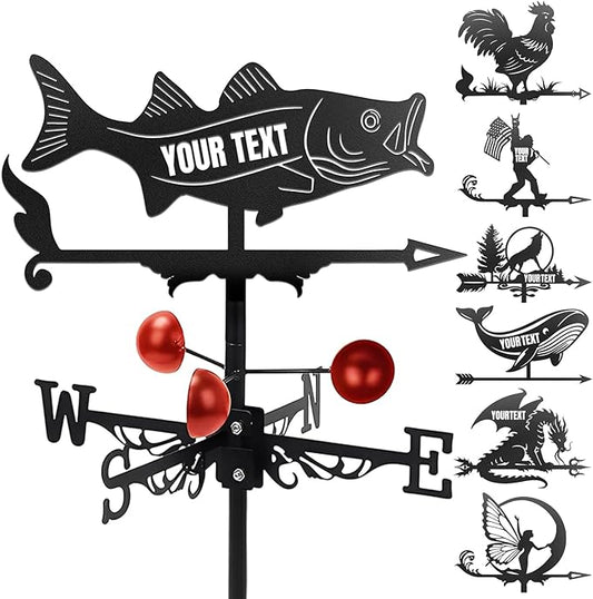 Custom Metal Weathervane Personalized Steel Wind Indicator with Name Outdoor Decor for Roof Garden Barn Patio-Fish