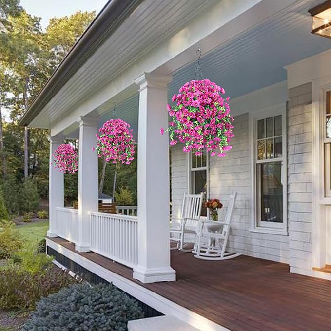Ivydale 2 PCS Artificial Hanging Flowers Fake Plants Outdoor,Silk Morning Glory Faux Flowers with Eucalyptus Leaves,UV Resistant Realistic Hanging Petunias Plants for Home Garden Decor (Fuchsia)