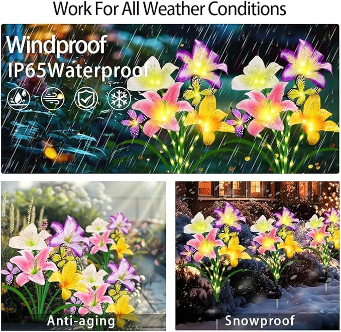 Solar Garden Lights 2 Pack with 8 lilies Outdoor Decorative flower Lights for Garden, Gift for family and Friends, IP65 Waterproof flower Solar Outdoor Stake Light for Yard Patio Lawn Pathway
