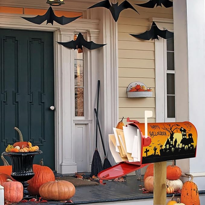 Halloween Castle Mailbox Covers, Moon Bat 25.5x21 Inch Magnetic Mailbox Covers, Large Size Orange Waterproof Mailbox Wrap Post Letter Box Cover Mailbox Post Cover for Garden Yard House Decor