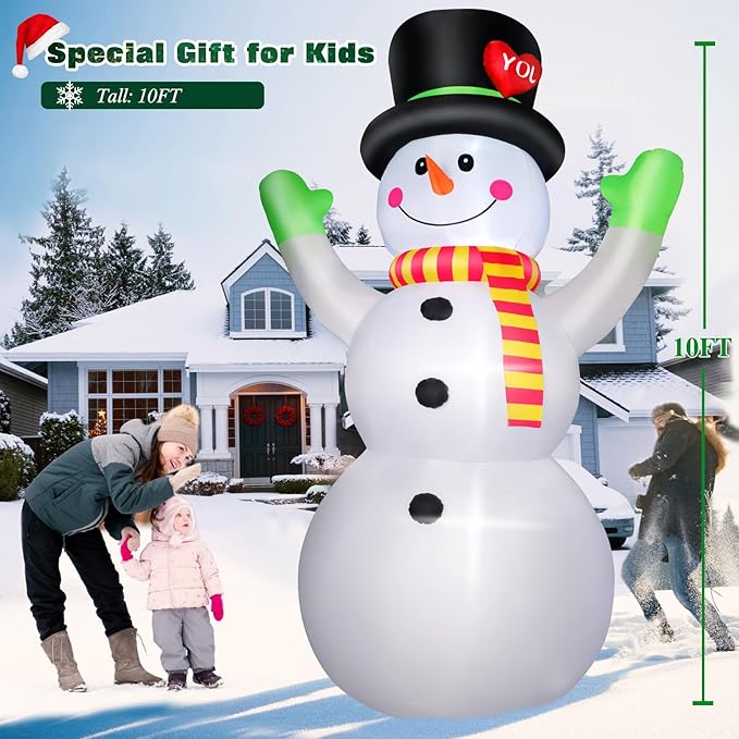 10 FT Christmas Inflatables Snowman Outdoor Yard Decorations, Giant Blow Up Snowman, Built-in Bright LED Lights, Huge Xmas Blowups Snow Man Outside Holiday Decor for Garden Patio Porch Lawn Home Party