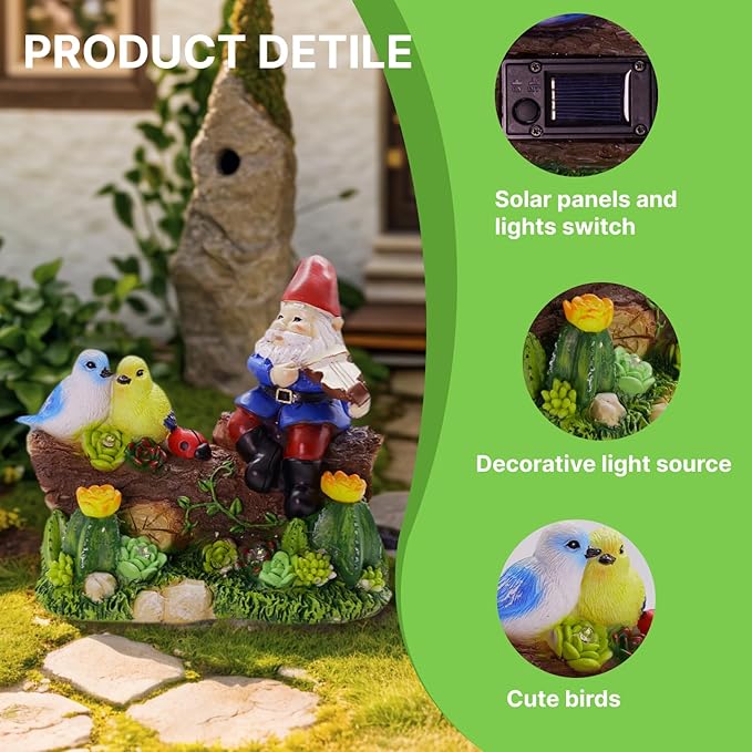 Garden Gnome Statues Decor with Solar Lights, Outdoor Decorations for Yard Porch Lawn Balcony Patio, Housewarming Gifts