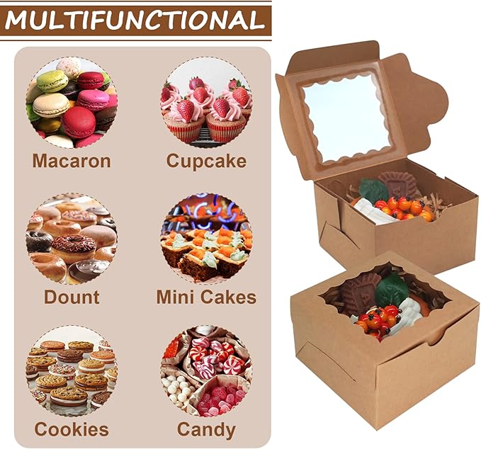 100pcs Cookie Boxes 4x4x2.5 Inch Bakery Boxes with Window Treat Box Dessert Box for Wedding Favors Party - Brown