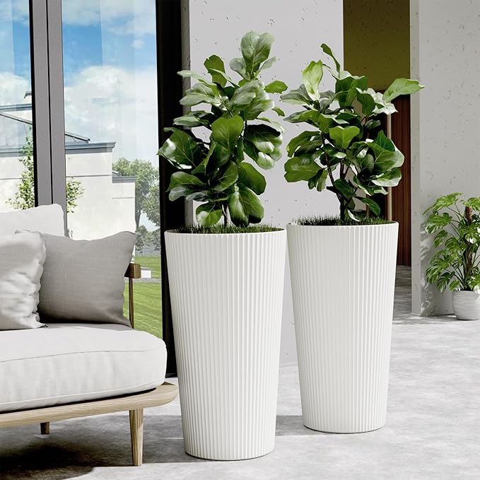 Tall Outdoor Planter Front Porch Decor Set of 2-23.6" H Tall Planters for Outdoor Plants with Drainage Hole, Round Conical Design Flower Pots for Indoor/Patio/Garden, White