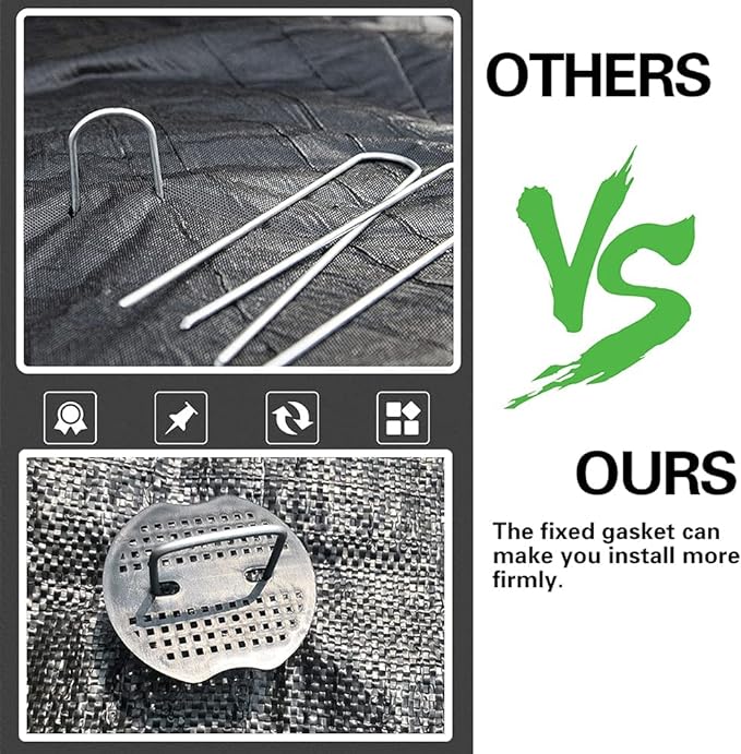 100Pcs Garden Stakes Staples + 100Pcs Gasket, Bakulyor 6 Inch Lawn Landscape Staples 11 Gauge U Shaped Galvanized Landscape Pins, Heavy Duty Yard Ground Pin for Weed Barrier Sod Fabric Decorations