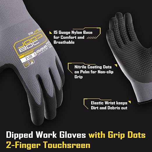 COOLJOB 3/12/36 Pairs Nitrile Rubber Dipped Safety Work Gloves with Grip Dots, Seamless Knit Nylon Gloves with 2 Fingers Touchscreen, Non-slip Coated for Warehouse, Home Improvement, Yard, Grey Small