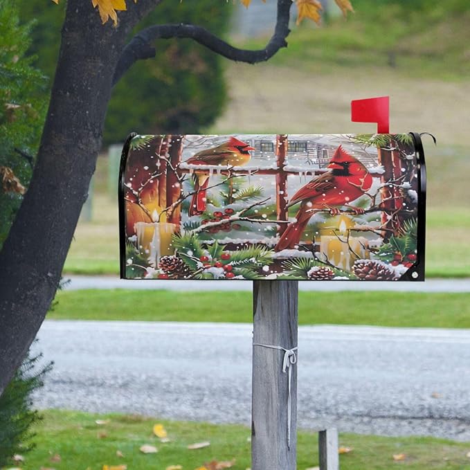 SUABO Mailbox Cover Red Cardinals Old Window Oversize Magnetic Mailbox Covers Wraps for Christmas Home Yard Garden Decor