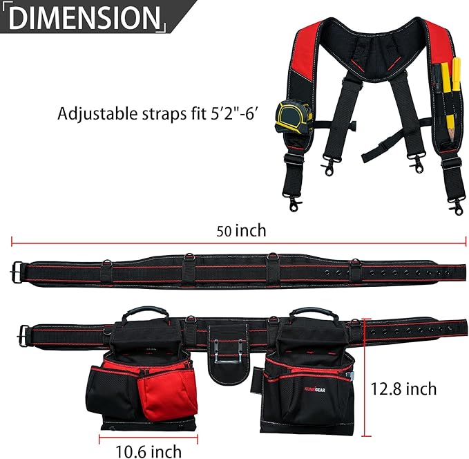 KUNN Tool Belt with Suspenders - Pro Framer Belt/Suspenders Combo Apron(Removable Pouch and Waist Belt) with Multiple Pockets & Hammer Holder for Carpenter,Construction and Electrician,Red