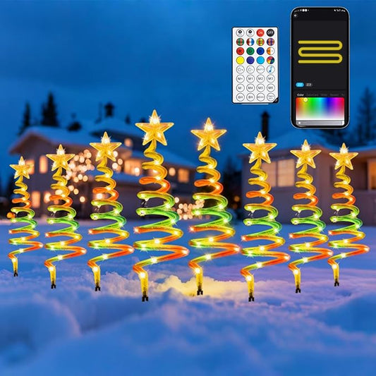 8-Piece Set Smart Christmas Spiral Pathway Lights, DIY Color Changing, 80+ Modes, Remote & App Control, Timer, IP44, Christmas Decorations for Outdoor Holiday Xmas Decor