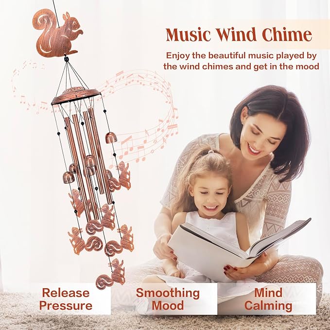 Squirrel Wind Chimes for Outside,Squirrel Gifts for Women Men/Memorial Gift/Sympathy Gift/Birthday Gifts Metal windchimes Outdoors/Indoors,Garden Decor,Patio,Home,Porch,Yard Decorations