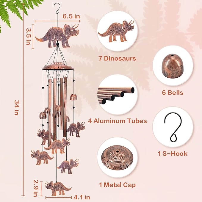 Dinosaur Wind Chimes Outdoor Dinosaur Gifts for Women Men Mom Dad Birthday Unique Gardening Gifts Metal WindChimes for Outside/Indoors, Lawn, Patio, Home, Yard Decor, Garden Decorations