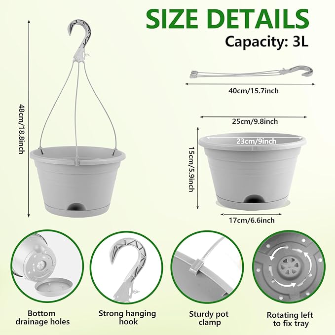 10 Inch Hanging Planters for Indoor Outdoor Plants, 4 Pack Hanging Plant Pots with Removable Chain & Drainage Trays, Lightweight Plastic Flower Pots for Home Garden Decor (Grey)