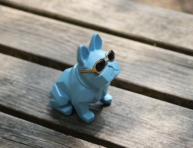 Unique Mini Geometric Dog Doggy Bulldog Figurine with Sunglasses Blue, Animal Statues, Home Garden Bar Décor Ornament