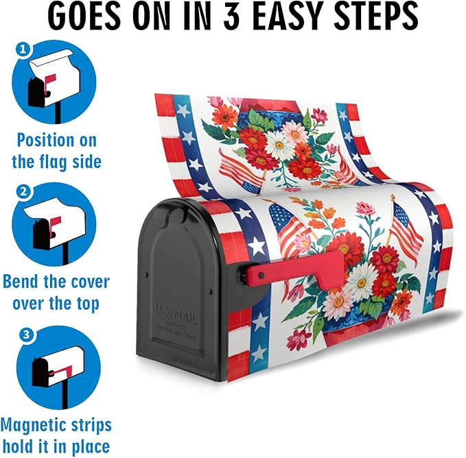Patriotic American Flower Mailbox Cover, 4th of July Red Blue 25.1" Lx 21" W Magnetic Mailbox Cover, USA Floral Large Size Post Letter Box Wrap Decor, Independence Day Garden Yard Outdoor Decoration