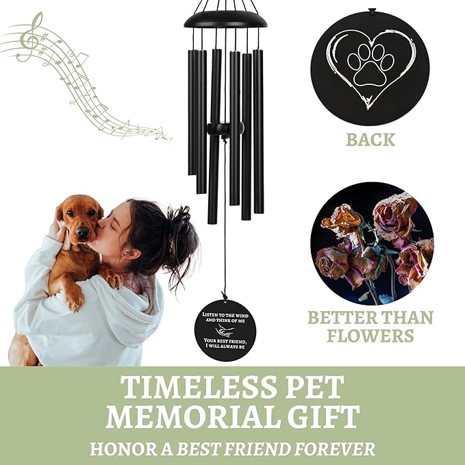 Dog Memorial Gifts, Dog Memorial Wind Chime, Pet Loss Sympathy Gift, Bereavement Gift & Passing Away Remembrance Memory Garden 28" Black
