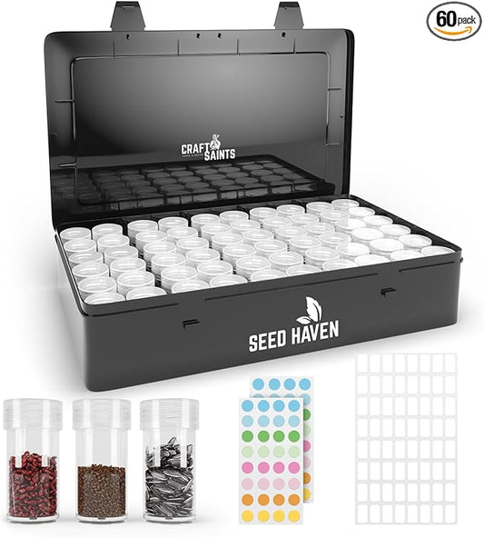 Seed Organizer Storage Box, Black Opaque Light Proof Seed Bank with 60 Transparent Bottles & Labels, Seed Holder Packet Organizer, Seed Vault Container for Homesteaders, Garden Tackle and Sorter