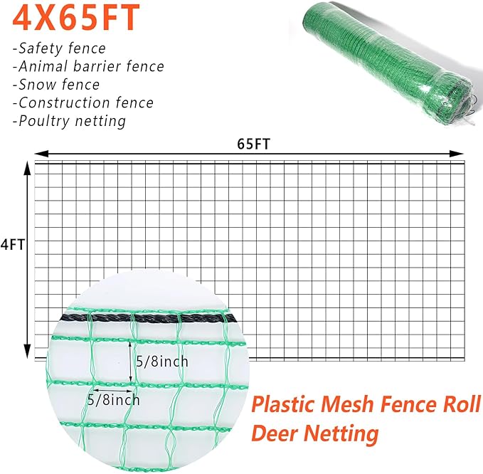 4'x65' Garden Fence Temporary Fence Plastic Fence Safety Fencing Snow Fencing for Poultry Deer Rabbit Chicken Dog Animal Barrier Green