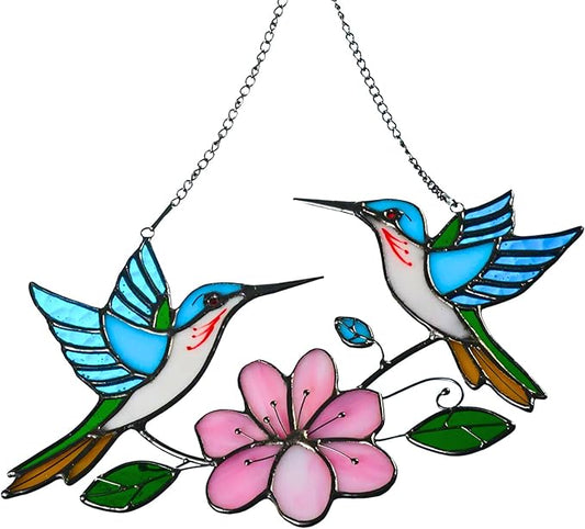 Stained Glass Window Hanging, Duo-Humming Bird Style, Colorful Sun Catcher Panel for Indoor/Outdoor Décor, Garden & Coastal Ornament, Handmade Glass Wall Art Gift for Women and Mom & Bird Lovers