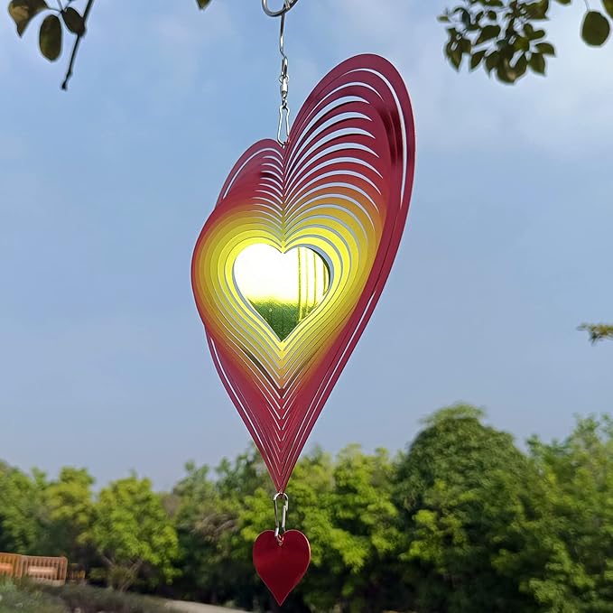 DJUAN Wind Spinner Red-Yellow Gradient Love Heart 3D Metal Hanging Wind Spinners Worth Gift Stainless Steel Yard Art Decorations Indoor/Outdoor Kinetic Wind Sculptures & Spinners