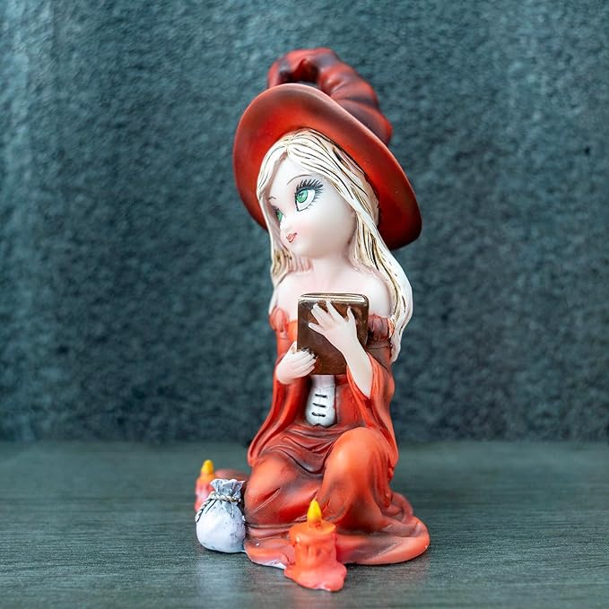 WingsHalloween Witch Resin Statue - Handheld Book Ornament (Red Hat and Red Dress) Living Room Bookshelf Magic Theme Home Decoration Birthday Gift Festival Party