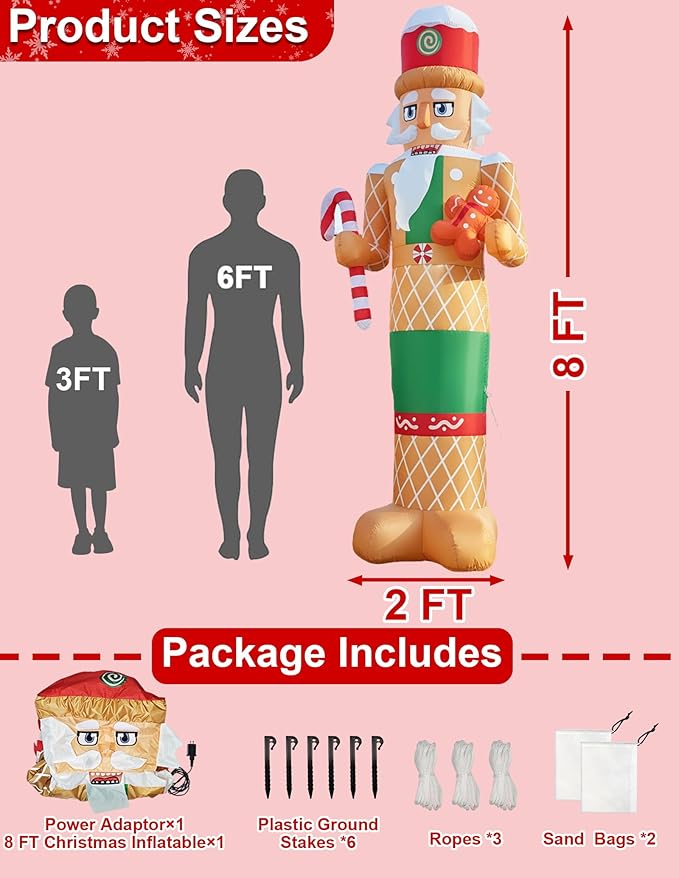 8 FT Christmas Inflatables Outdoor Decorations Nutcracker with Little Gingerbread Man Hold Candy Cane Blow Up Yard Decoration with Built-in LEDs for Xmas Holiday Outside Garden Lawn Yard Decor